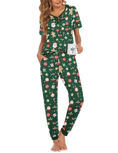 Image of Ekouaer Pajamas for Women Set 2 Piece Fall Lounge Sets Short Sleeve Pjs Joggers Long Pants Sleepwear with Pockets