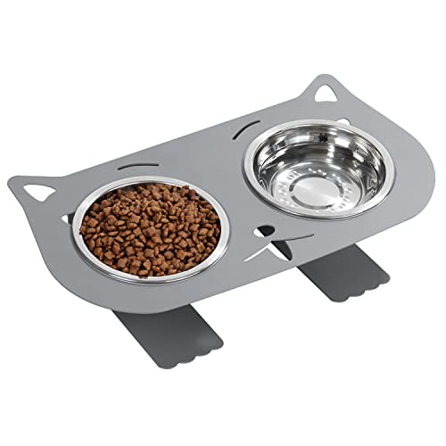 Pawaboo Katzennapf, Anti Erbrechen Futternapf Katze Futterstation mit 2 Edelstahlschalen und Rutschfester Basis Erhöhte Schüssel Wassernapf für Hunde Kätzchen Welpen, Grau Cover