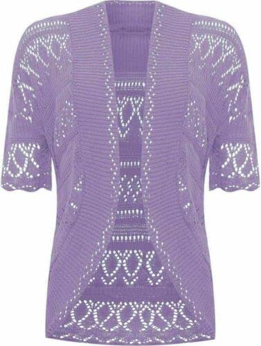 FAIRY BOUTIQUE Womens Plus Size Crochet Knitted Short Sleeve Cardigan Ladies Open Front Shrug Bolero Top Sizes 8-30 Lilac