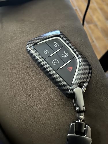 Image of iJDMTOY Gloss Black Carbon Fiber Pattern Exact Fit Key Fob Shell Cover w /Chrome Edging Trim Compatible with 2020-up Cadillac CT5 CT6 XTS XT4 XT5 ATS, etc