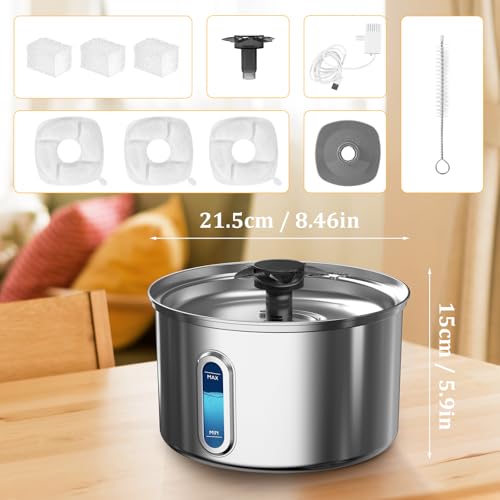 Fontanella Per Gatti Acciaio Inox, 3.2L/108Oz Fontana Per Gatto Con Sistema Di Filtrazione A Cinque Stadi, 25Db Ultra Silenziosa, 5W Basso Consumo, Adatto Per Gatti, Cani E Piccoli Pets +3 Filtri - 10