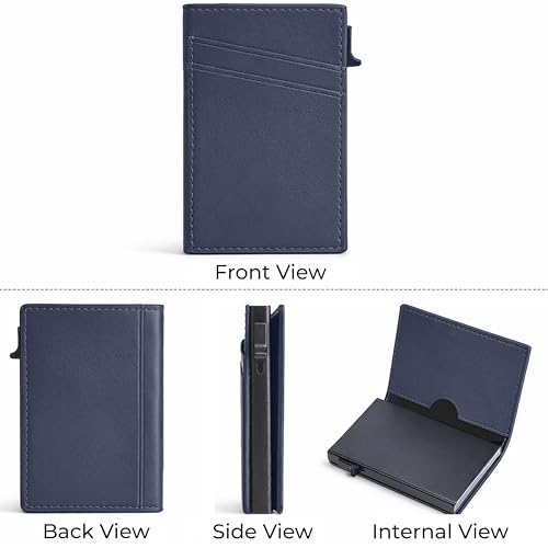 Image of VOGARD Pop-Up Card Holder for Men, RFID Blocking Slim Aluminium Case with Premium PU Leather, Automatic Card Ejector, Front Pocket Design (Blue)