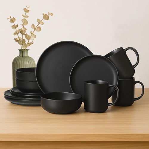 Furrnook 12-Piece Stoneware Dinnerware Set with Mugs | Microwave and Dishwasher Friendly | Stackable Matte Glaze Plates & Bowls | Service for 3 (Black for 3)