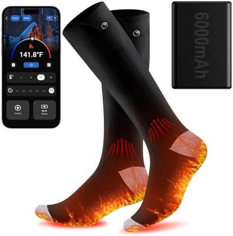 Heated Socks for Men Women Rechargeable,APP Control Mobile Warming Heated Socks Foot Leg Warmers,6000mAh*2 Battery Electric Heated Skiing Hunting Camping Fishing Cycling Socks Washable (L)