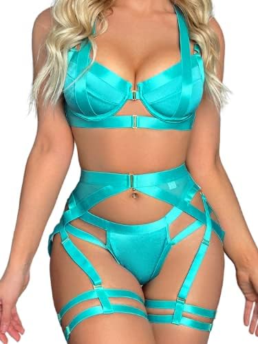 Kaei&Shi Strappy Harness, All Adjustable, Underwire Racerback, 4pc Garter Set