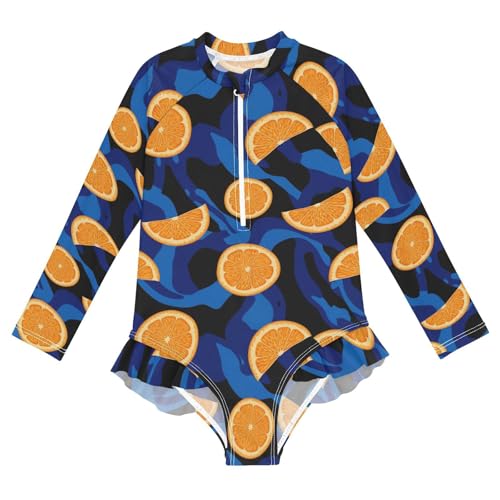 Orange Slices Blue Background Girls Rash Guard Swimsuits Long Sleeve One Pieces Bathing Suit UPF 50+ Zipper Swimwear