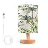 YEGAME Tropical Palm Tree Bedside Table Lamp for Bedroom Nightstand, Small Eye Care LED Desk Reading Lamp USB Port Wood Base Round Flaxen Fabric Shade for for Kids Room Living Room Office Desk
