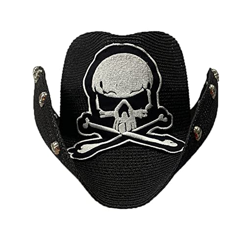Chapeau de paille vintage cowboy broderie crâne punk résistant au soleil pour dames