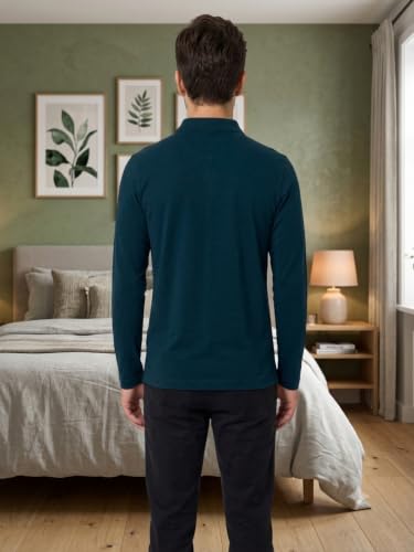 Image of CAMEY Men's Plain Solid Long Sleeve Polo T-Shirt | Regular Fit | Collared Casual Cotton Blend Tee with Chest Pocket | Everyday Comfort Wear