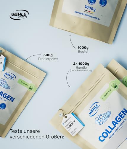 Collagen Pulver 1 kg – Kollagenhydrolysat Peptide Typ I, II & III – Geschmacksneutrales Eiweißpulver – Made in Germany – Wehle Sports (1000g (1er Pack)) - Verpackung kann variieren.