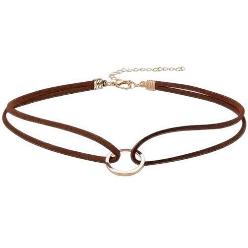 CALFOVERA Karma Faux Suede Choker Necklace Gothic Gold Circle Layered Collar Chain Brown Adjustable PU Leather Necklaces Jewelry Classic Chokers with Extender for Women Boho Summer Decor