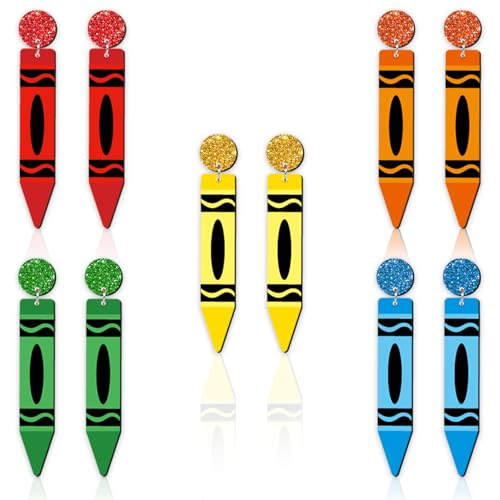 5 Pairs Back to School Acrylic Earrings Glitter Crayon Dangle Earrings Decorative Drop Earrings for Women Jewelry Classroom Party Accessories Supplies