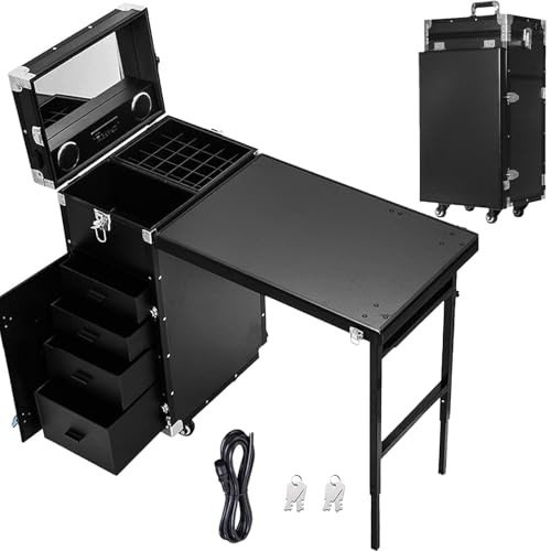 Mesa portátil para arte de uñas con espejo, altavoz Bluetooth, ruedas de 360°, organizador plegable de almacenamiento de cosméticos para técnicos de belleza y artistas de maquillaje