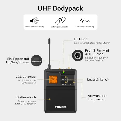 TONOR UHF Mikrofon Kabellos set mit Headset Kopfbügel Funkmikrofon/Lavalier Ansteckmikrofonen Bodypack Transmitter, Mini-Empfänger 6,35 mm Ausgang 60m Reichweite Wireless Microphone für Live-Auftritte