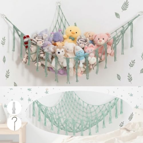 Large Macrame Stuffed Animal Storage Hammock | Holds 12 lbs | Corner Stuffed Animal Organizer | Plushie Net for Stuffed Animals | Stuffy Storage, Cute Bedroom, Room Decor | Mint