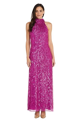 Image of R&M Richards Women's Sequined High-Neck Fringe Column Gown - Elegant Evening Dress for Formal Galas & Special Events