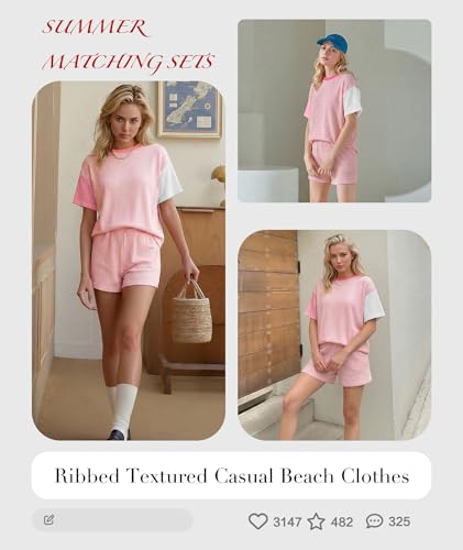 Image of MARZXIN Women 2 Piece Shorts Set 2026 Casual Summer Cruise Outfits Ribbed Loose Short Sleeve Pocket Matching Lounge Sets