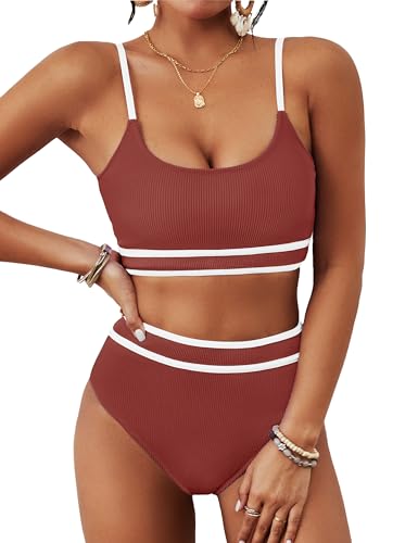Image of BMJL Women's High Waisted Bikini Ribbed Two Piece Swimsuit High Cut Color Block Adjustable Straps Bathing Suit