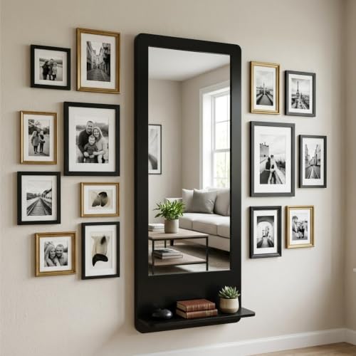 Image of Creative Arts n Frames Full Length 15x47 inch Long Wall Mount HD Mirror with Shelf for Bedroom Bathroom Living Room Home Office Decor (15x47 inch Framed Mirror with Shelf Rectangular Classic Black)