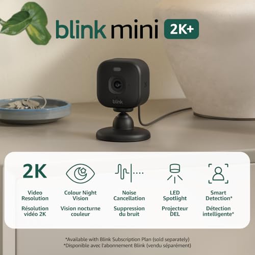 Blink Mini 2K+ (nouveau modèle) – Plug-in Accueil & Caméra de sécurité pour animaux de compagnie 2K résolution vidéo, vision nocturne couleur, audio amélioré, détection de mouvement – 1 caméra (Noir)