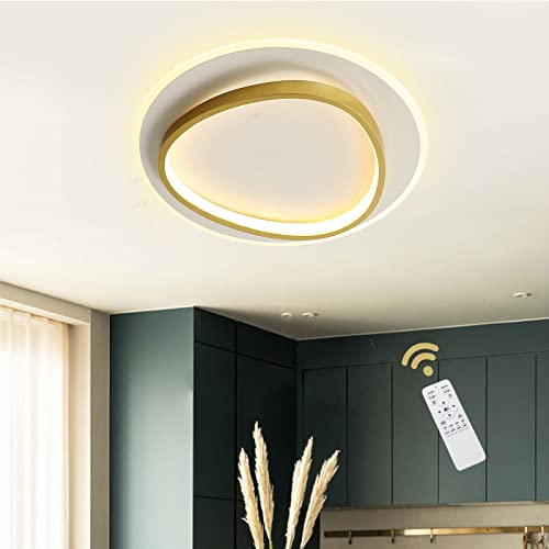 Plafonnier LED Moderne, 46W 2700-6500K Dimmable LED Lampe de Plafond avec Télécommande, Éclairage de Plafond Rond Semi-Encastré pour Chambre, Salon, Bureau, Salle d'Étude (Ø40CM, Blanc et Or) Cover