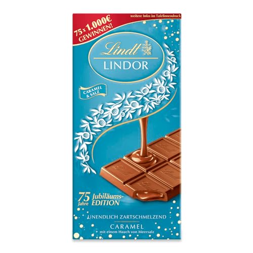 Lindt Schokolade LINDOR Caramel & Salz | 100g Tafel | Vollmilch-Schokolade mit einem Hauch Fleur de Sel und unendlich zartschmelzender Karamell-Füllung | Schokoladentafel | 75 Jahre