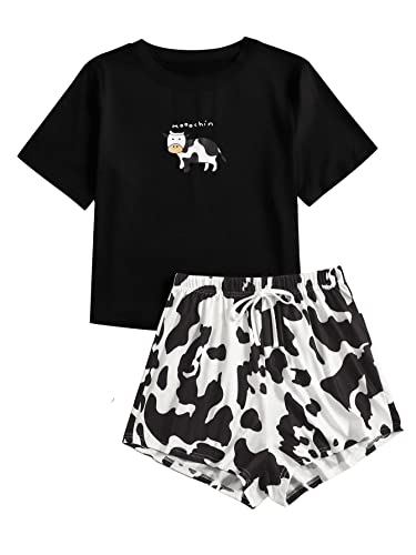 WDIRARA Women's Cartoon Cow Print Short Sleeve Tee and Shorts Pajama Set Multicolour Letter XS