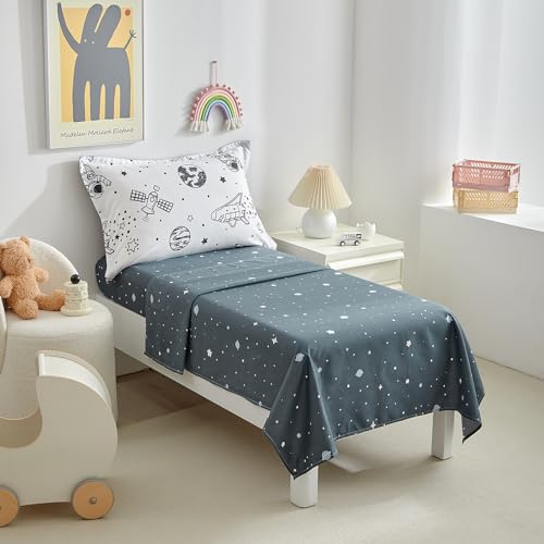 Image of DuShow 4 Piece Toddler Bedding Set for Boys,White Space Crib Bedding Sheets Set,Soft Toddler Comforter Set Bed in a Bag | Include Comforter,Flat Sheet,Fitted Sheet,Pillowcase