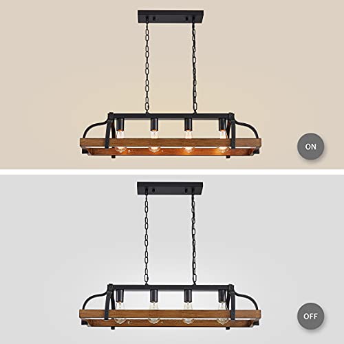 Wuzups 4-Light Metal Pot Hanging Rack Chandelier Imitation Wood Grain Linear Pendant Ceiling Lighting Rustic Farmhouse Fixture Kitchen Island Dining Room, H 9.8" X L 34.6" X W11.8, E26 Base, Black #TOP6