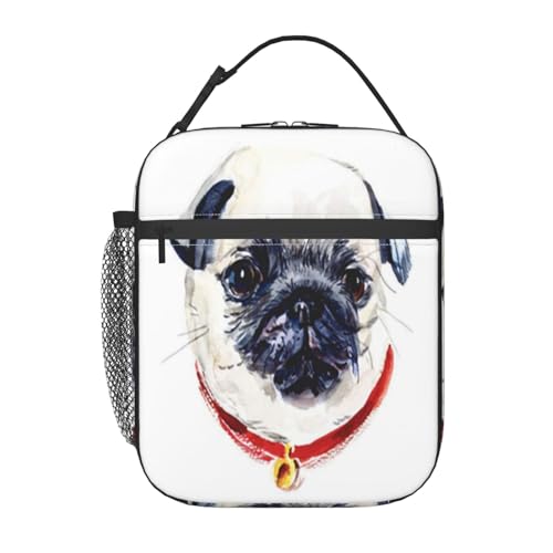 ポータブル断熱ランチバッグ。防水性と漏れ防止性を備え、スタイリッシュで丈夫。仕事、学校、アウトドア活動に最適です。男性にも女性にも適しています。(愛らしいパグの肖像画、犬の水彩画、動物、犬、かわいい犬の手、頭の表情)