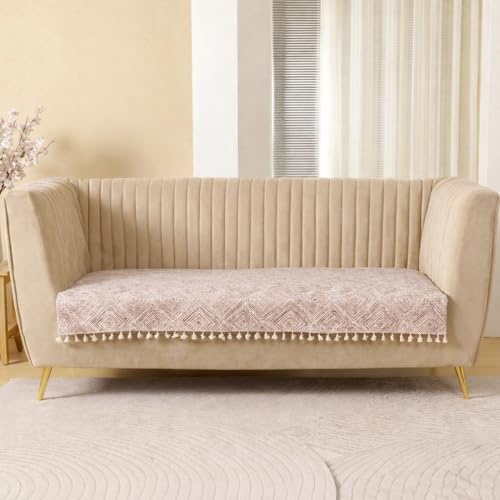 Image of HOMEMONDE 2 Seater Quilted Velvet Printed Sofa Cover with Tassels |Soft, Durable & Premium Fabric with Tassels | Sofa Cover Mats for Living Room, Bedroom & Office (76 X 122 CM, Tribal Lattice)