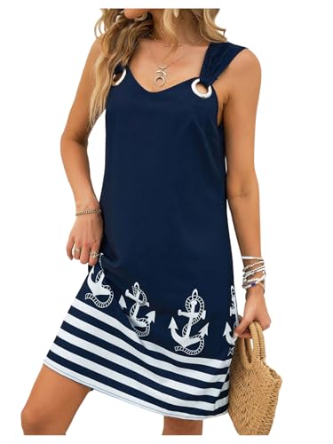 WDIRARA Women's Striped Anchor Print Short Dress Cut Out Sleeveless Tank Dresses