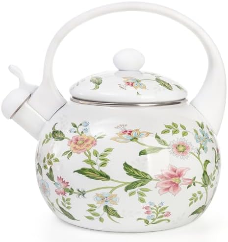 Jucoan 2.3 Quart Vintage Enamel Tea Kettle, Whistling Tea Kettle for Stove Top, Floral Enamel on Steel Teakettle Teapot for Home Kitchen Camping, Gift for Wedding Housewarming Thanksgiving Christmas