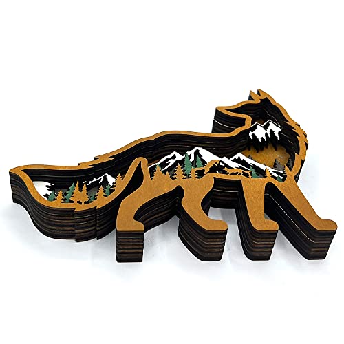 Annoomm Animal Wooden Home Ornament Fox Figurines And Statues, Multilayer Woodland Fox Sculpture Silhouette Fox Decor,Fox Decorations For Shelf Table Wood(Fox+Light) #TOP7