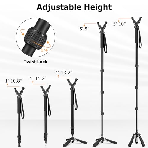 Shooting Stick Monopod Hunting Tripod with Rotatable Removable Rubber Yoke Adjustable Shooting Pole for Rifle Tripod with Tri-Stand Tripods Base, Rifle Stick Gun Tripod for Hunting (Black, 23-61.5\")