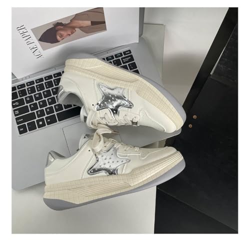 Kawaii Cute Star New Beige Black & Silver Sneakers for Girls - Chunky Platform with Star Design, Retro Pretty Pastel Style, Perfect for Travel Streetwear2