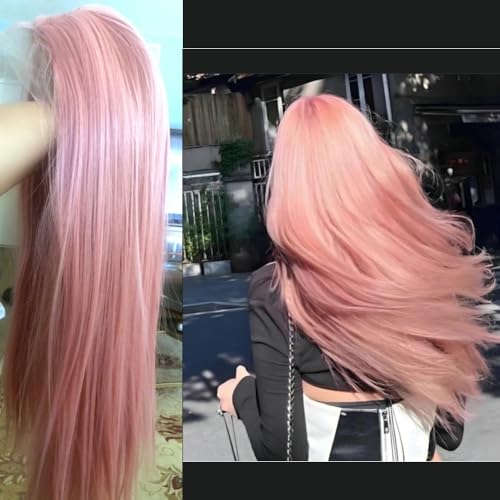 Pelucas de 13 x 3 pulgadas, prearrancadas, largas, lacias, coloridas, para mujer, aspecto natural, resistente al calor, con encaje frontal, para reemplazo, fiesta, cosplay, disfraz, uso diario (rosa