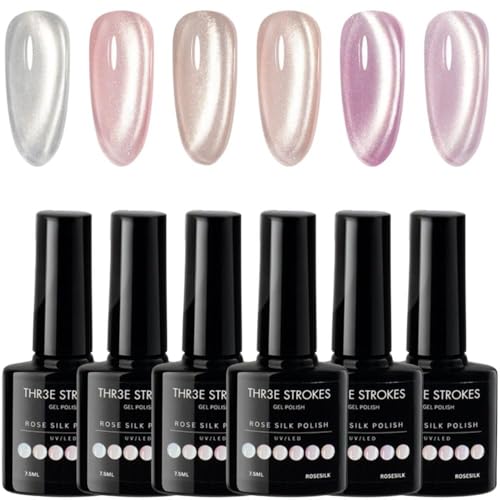 Image of THR3E STROKES Gel Nail Polish Set - 6 Colors Gel Polish Glitter Gel Polish Sparkle Nail Polish Gel Manicure DIY Salon Nail Art Gifts (ROSE SILK, 7.5ML)