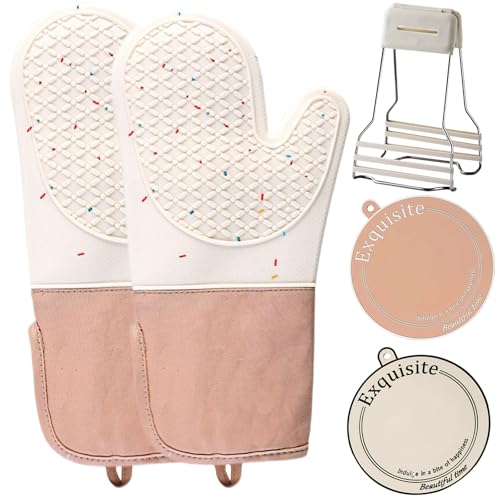 5 Piece Oven Glove Cute, Cooking Mittens, Oven Mittens for Kitchen, Non-Slip Washable Silicone Oven Mitts Heat Resistant 500°F‘’Cooking Baking Womens Birthday Christmas Socks Filler