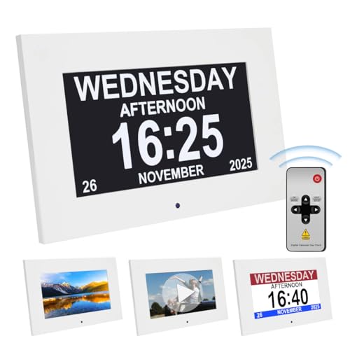Dementia clock 7-inch Large Digital clock with date and day Digital calendar Silent alarm clocks for bedrooms Video and Photo Album Player elderly 12 alarm clocks & 20 reminders for medication sleep
