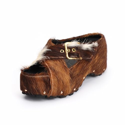 Image of XOBZJH Long-Hair Calfskin Chunky Clog Slide for Women - Memory Foam Luxury Slip on Shoes Women's Mules & Platform Clogs,Designer Mules for Women 2025