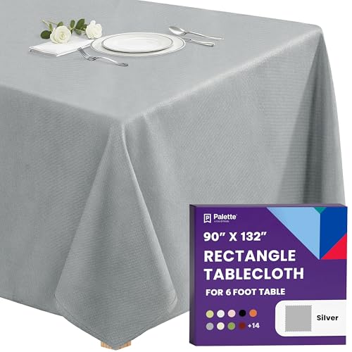 Image of Gee Di Moda Rectangle Tablecloth - 90 x 132 Inch Silver Table Cloth for 6 Foot Tables with Floor-Length Drop - Heavy Duty Washable Fabric for Holiday Party, Dinner, Weddings & Baby Shower