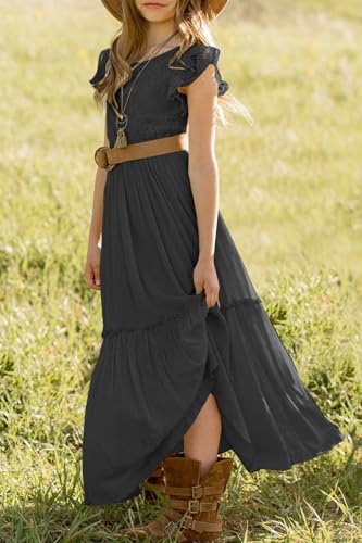 Image of MITILLY Girls Lace Flower Ruffle Sleeve A-Line Swing Wedding Party Maxi Dress with Pockets