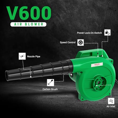 Image of AEGON V600 Professional Air Blower 600W with Flow Control, 100% Copper Motor, 16000 RPM, Powerful 4.5 m /min Airflow - for Car, Home, Garden & PC Cleaning - Green