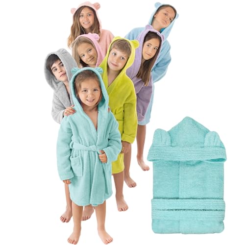 LEBENGOOD - Albornoz Niños Niñas unisex, Infantil con Orejas - 100% Algodón OEKO-TEX® - 2 Bolsillos, Cinturón, Capucha, Albornoces e Niño niña, adolescente (Oreja Turquesa 9-10)