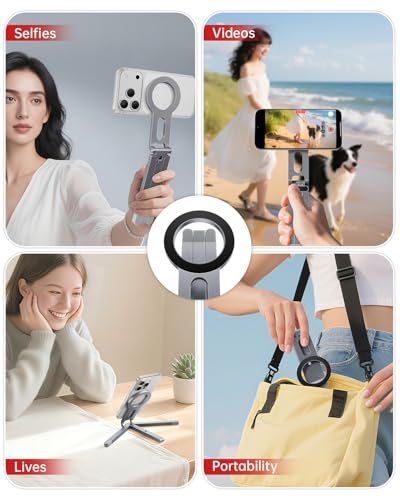 Image of iWALK Magnetic Foldable Metal Phone Stand for iPhone, Strong Magnet Mini Cell Phone Tripod Stand for Vlog, Gym, Travel Essentials Compatible with iPhone 17, 16, 15, 14, 13, 12 Series, Silver