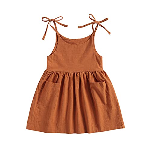TIMOGG Toddler Baby Girl Cotton Linen Dress Sling Bow Summer Skirt Casual Beach Girls Sundress with Pockets Overall Dress, Caramel Colour, 2-3T