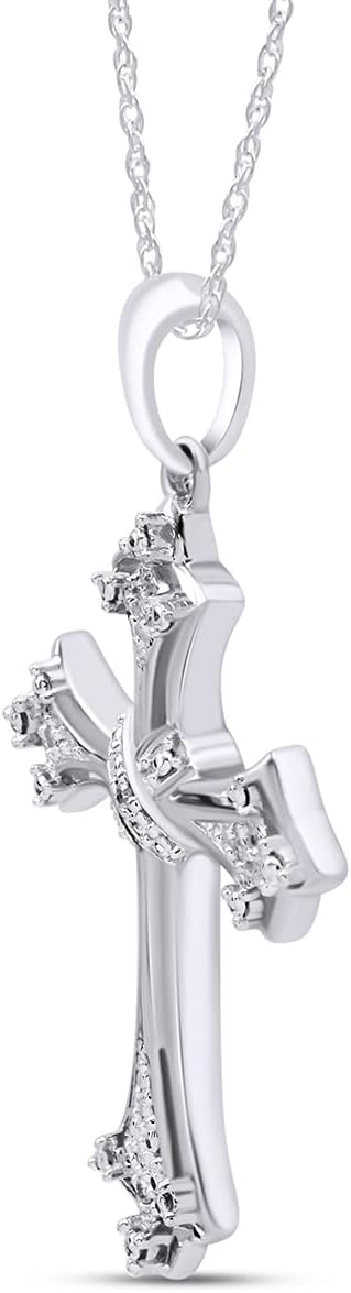 AFFY Round Shape White Natural Diamond Accents Cross Pendant Necklace In 14k Gold Over Sterling Silver