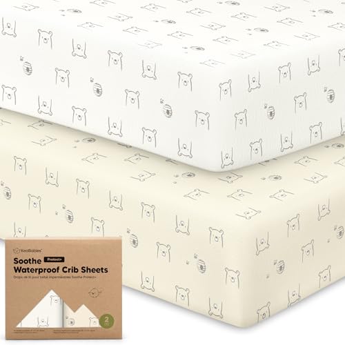 Image of 2-Pack Waterproof Crib Sheets for Boys, Girls, 52x28 Fitted (Bumble Bear) | Organic Cotton Baby Crib Sheets, Toddler Mattress Protector Cover, Washable, Soft & Durable Baby Bedding Essentials