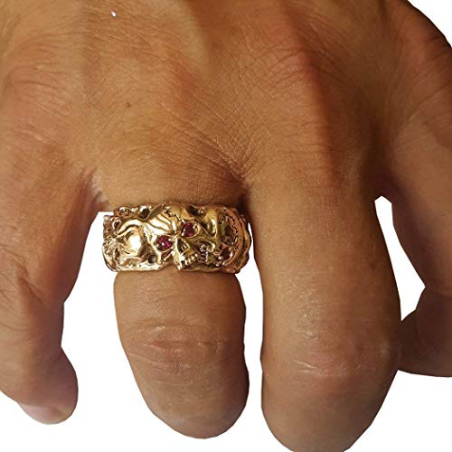 Masonic Memento Mori 10K Gold Skull Band Men’s Ring, Ruby Color Stones #TOP5